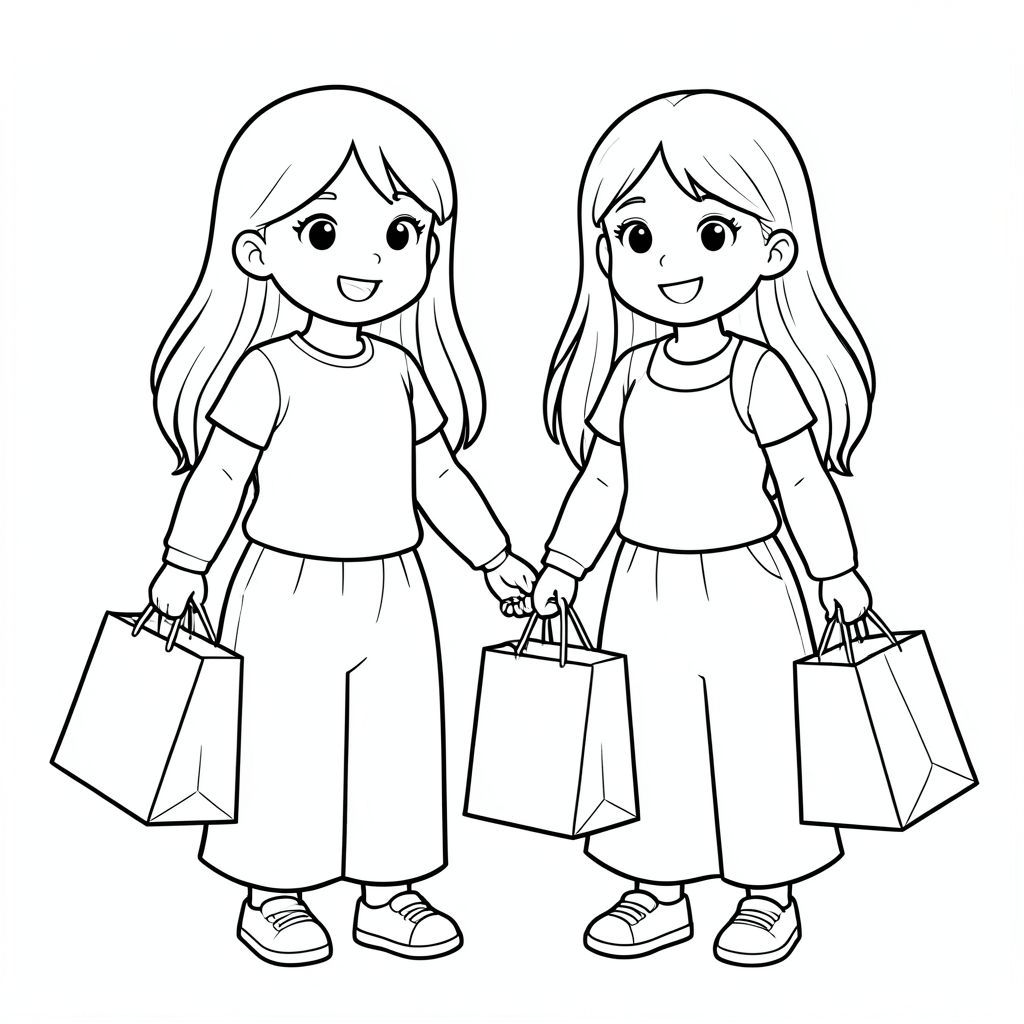 friends going shopping with shopping bags in their hands, both girls with long hair