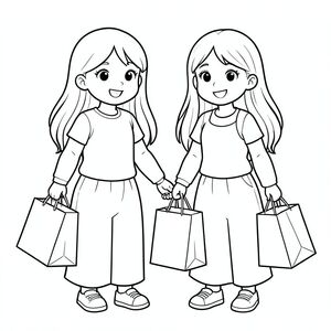 friends going shopping with shopping bags in their hands, both girls with long hair