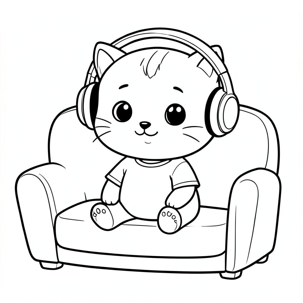 kawaii baby cat wearing headphone, sitting relaxed, happy expresion on sofa, keep headphone back of both ears. both ears must be clear, clean and visible. no overlapping, Kawaii baby cat, big round head, tiny body, short legs, small paws, simple cute pose matching activity, large round eyes, small black nose, cute smile, chubby cheeks, 3 small lines on forehead, simple whiskers, small ears with inner detail, smooth tail curved, wearing simple shirt, thick bold clean outline, same line weight, no color,  no shading, no grayscale, no extra detail, large open spaces, simple background, kid friendly style, ages 3 to 6 --ar 2:3
  