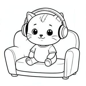 kawaii baby cat wearing headphone, sitting relaxed, happy expresion on sofa, keep headphone back of both ears. both ears must be clear, clean and visible. no overlapping, Kawaii baby cat, big round head, tiny body, short legs, small paws, simple cute pose matching activity, large round eyes, small black nose, cute smile, chubby cheeks, 3 small lines on forehead, simple whiskers, small ears with inner detail, smooth tail curved, wearing simple shirt, thick bold clean outline, same line weight, no color,  no shading, no grayscale, no extra detail, large open spaces, simple background, kid friendly style, ages 3 to 6 --ar 2:3
  