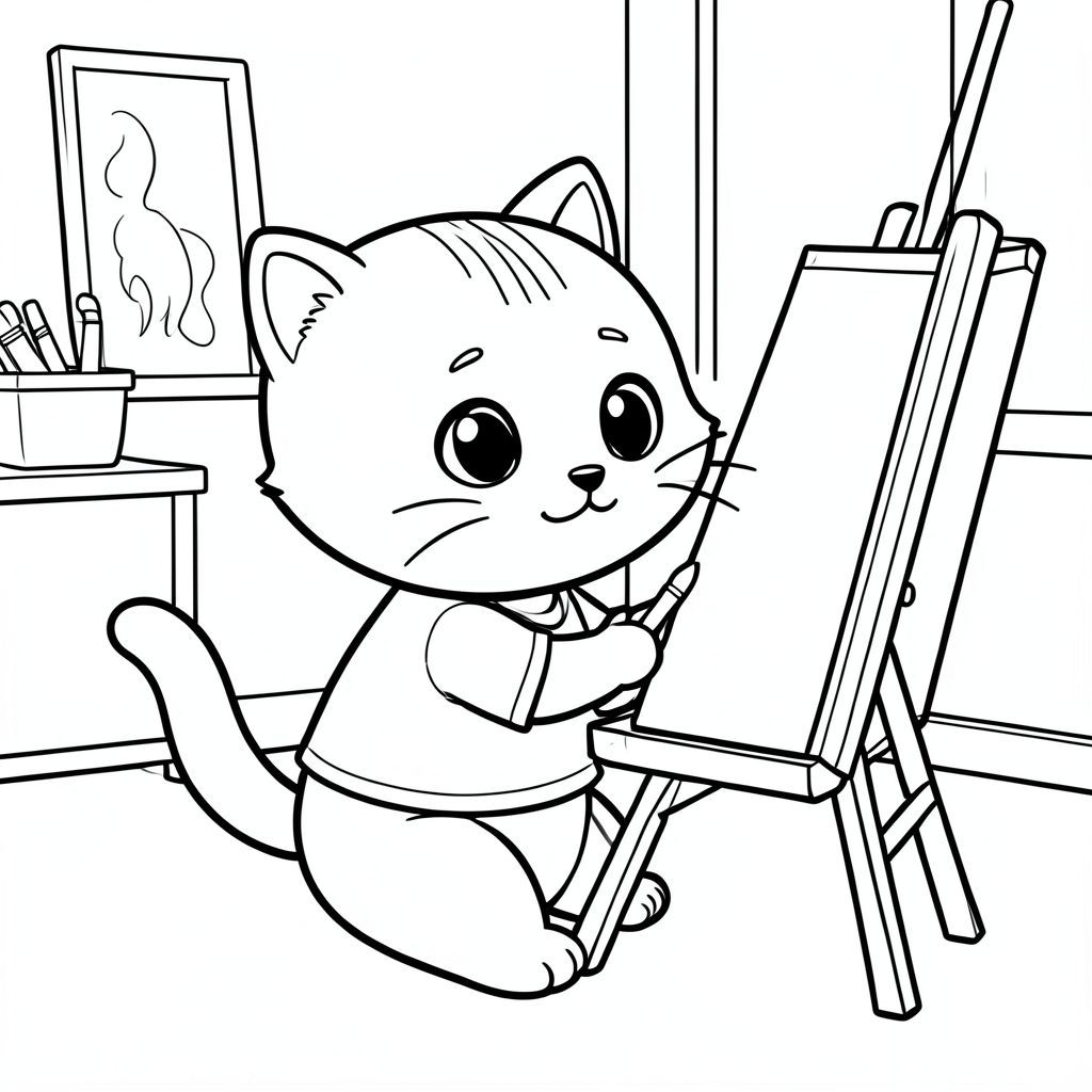 Baby cat sitting and painting on an easel with simple brush and canvas, cute focused expression, minimal art room background, Kawaii baby cat, big round head, tiny body, short legs, small paws, simple cute pose matching activity, large round eyes, small black nose, cute smile, chubby cheeks, 3 small lines on forehead, simple whiskers, 
small ears with inner detail, smooth tail curved, wearing simple shirt, thick bold clean outline, same line weight, no color, no shading, no grayscale, no extra detail, large open spaces, simple background, 
kid friendly style, ages 3 to 6 --ar 2:3
