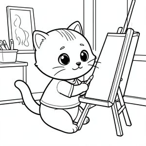 Baby cat sitting and painting on an easel with simple brush and canvas, cute focused expression, minimal art room background, Kawaii baby cat, big round head, tiny body, short legs, small paws, simple cute pose matching activity, large round eyes, small black nose, cute smile, chubby cheeks, 3 small lines on forehead, simple whiskers, 
small ears with inner detail, smooth tail curved, wearing simple shirt, thick bold clean outline, same line weight, no color, no shading, no grayscale, no extra detail, large open spaces, simple background, 
kid friendly style, ages 3 to 6 --ar 2:3
