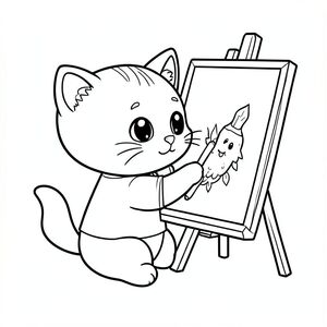 Baby cat sitting and painting on an easel with simple brush and canvas, cute focused expression, having few drawing draw on drawing board, board having proper stand, Kawaii baby cat, big round head, tiny body, short legs, small paws, simple cute pose matching activity, large round eyes, small black nose, cute smile, chubby cheeks, 3 small lines on forehead,  simple whiskers, 
small ears with inner detail, smooth tail curved, wearing simple shirt, thick bold clean outline, same line weight, no color, no shading, no grayscale, no extra detail, large open spaces, simple background, 
kid friendly style, ages 3 to 6 --ar 2:3