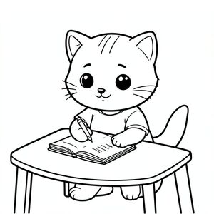 Kawaii baby cat sitting on table and writing on a simple notebook, focused cute expression, Kawaii baby cat, big round head, tiny body, short legs, small paws, simple cute pose matching activity, large round eyes, small black nose, cute smile, chubby cheeks, 3 small lines on forehead, simple whiskers, 
small ears with inner detail, smooth tail curved, wearing simple shirt, thick bold clean outline, same line weight, no color, no shading, no grayscale, no extra detail, large open spaces, simple background, 
kid friendly style, ages 3 to 6 --ar 2:3