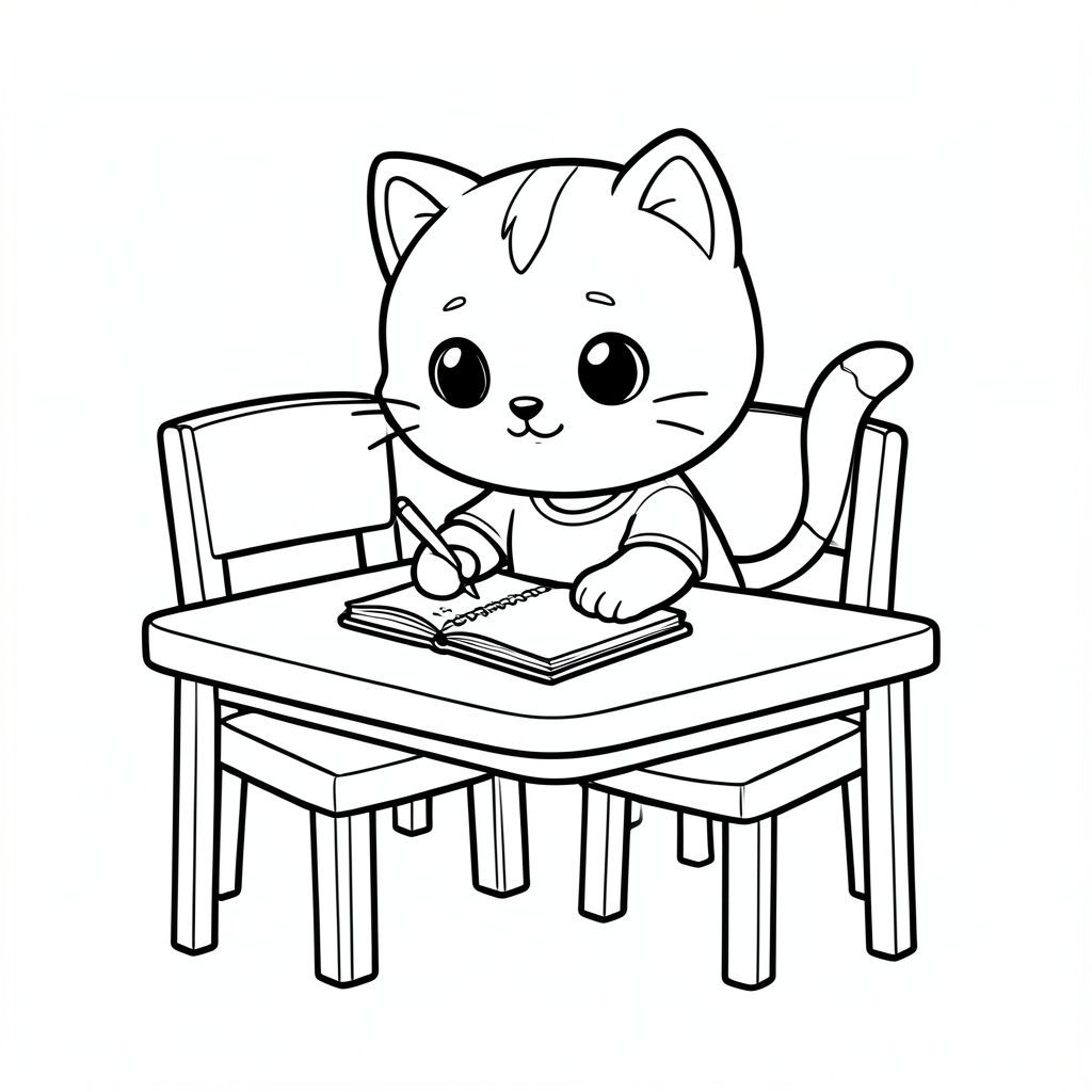 Kawaii baby cat sitting on table and writing on a simple notebook, table, chair must be clean, clear visible, focused cute expression, Kawaii baby cat, big round head, tiny body, short legs, small paws, simple cute pose matching activity, large round eyes, small black nose, cute smile, chubby cheeks, 3 small lines on forehead, simple whiskers,  small ears with inner detail, smooth tail curved, wearing simple shirt, thick bold clean outline, same line weight, no color, no shading, no grayscale, no extra detail, large open spaces, simple background, kid friendly style, ages 3 to 6 --ar 2:3