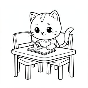 Kawaii baby cat sitting on table and writing on a simple notebook, table, chair must be clean, clear visible, focused cute expression, Kawaii baby cat, big round head, tiny body, short legs, small paws, simple cute pose matching activity, large round eyes, small black nose, cute smile, chubby cheeks, 3 small lines on forehead, simple whiskers,  small ears with inner detail, smooth tail curved, wearing simple shirt, thick bold clean outline, same line weight, no color, no shading, no grayscale, no extra detail, large open spaces, simple background, kid friendly style, ages 3 to 6 --ar 2:3