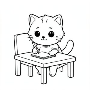 Kawaii baby cat sitting and writing on a simple notebook, minimal table, chair scene, be clean, clear visible, focused cute expression, Kawaii baby cat, big round head, tiny body, short legs, small paws, simple cute pose matching activity, large round eyes, small black nose, cute smile, chubby cheeks, 3 small lines on forehead, simple whiskers, small ears with inner detail,  smooth tail curved, wearing simple shirt, thick bold clean outline, same line weight, no color, no shading, no grayscale, no extra detail, large open spaces, simple background, kid friendly style, ages 3 to 6 --ar 2:3