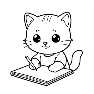 Kawaii baby cat sitting and writing on a simple notebook, focused cute expression, Kawaii baby cat, big round head, tiny body, short legs, small paws, simple cute pose matching activity, large round eyes, small black nose, cute smile, chubby cheeks, 3 small lines on forehead, simple whiskers, small ears with inner detail, smooth tail curved, wearing simple shirt,  thick bold clean outline, same line weight, no color, no shading, no grayscale, no extra detail, large open spaces, simple background, kid friendly style, ages 3 to 6 --ar 2:3