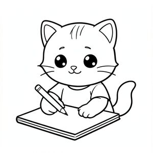 Kawaii baby cat sitting and writing on a simple notebook, pencil hold clear, clean in right hand, hand and pencil clear, clean visible, focused cute expression, Kawaii baby cat, big round head, tiny body, short legs, small paws, simple cute pose matching activity, large round eyes, small black nose, cute smile, chubby cheeks, 3 small lines on forehead,  simple whiskers, small ears with inner detail, smooth tail curved, wearing simple shirt, thick bold clean outline, same line weight, no color, no shading, no grayscale, no extra detail, large open spaces, simple background, kid friendly style, ages 3 to 6 --ar 2:3