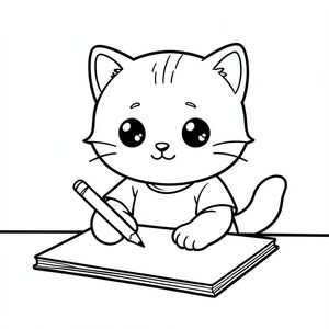 Kawaii baby cat sitting and writing on a simple notebook on table, pencil hold in right hand,pencil hold in hand clear, clean visible, focused cute expression, Kawaii baby cat, big round head, tiny body, short legs, small paws, simple cute pose matching activity, large round eyes, small black nose, cute smile, chubby cheeks, 3 small lines on forehead,  simple whiskers, small ears with inner detail, smooth tail curved, wearing simple shirt, thick bold clean outline, same line weight, no color, no shading, no grayscale, no extra detail, large open spaces, simple background, kid friendly style, ages 3 to 6 --ar 2:3