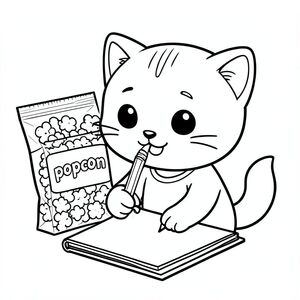 kawaii baby cat eating pocorn from popcorn packing, packing clear label with word "popcorn", happy smilling face, Kawaii baby cat sitting and writing on a simple notebook, pencil hold clear, clean in right hand, hand and pencil clear, clean visible, focused cute expression, Kawaii baby cat, big round head, tiny body, short legs, small paws, simple cute pose matching activity,  large round eyes, small black nose, cute smile, chubby cheeks, 3 small lines on forehead, simple whiskers, small ears with inner detail, smooth tail curved, wearing simple shirt, thick bold clean outline, same line weight, no color, no shading, no grayscale, no extra detail, large open spaces, simple background, kid friendly style, ages 3 to 6 --ar 2:3