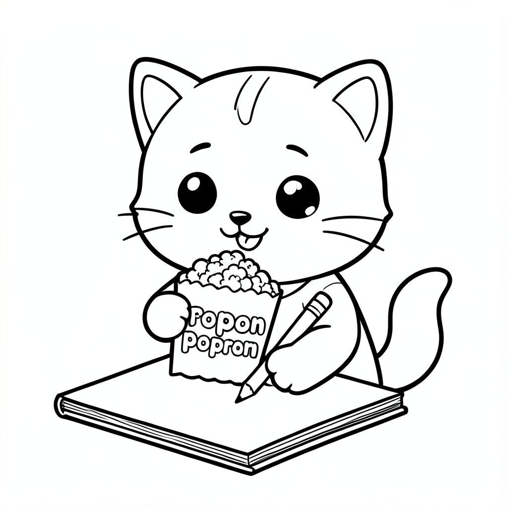 kawaii baby cat hold popcorn packet and eating pocorn, packet having with clear word "popcorn", happy smilling face, Kawaii baby cat sitting and writing on a simple notebook, pencil hold clear, clean in right hand, hand and pencil clear, clean visible, focused cute expression, Kawaii baby cat, big round head, tiny body, short legs, small paws,  simple cute pose matching activity, large round eyes, small black nose, cute smile, chubby cheeks, 3 small lines on forehead, simple whiskers, small ears with inner detail, smooth tail curved, wearing simple shirt, thick bold clean outline, same line weight, no color, no shading, no grayscale, no extra detail, large open spaces, simple background, kid friendly style,  ages 3 to 6 --ar 2:3