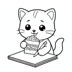 kawaii baby cat hold popcorn packet and eating pocorn, packet having with clear word "popcorn", happy smilling face, Kawaii baby cat sitting and writing on a simple notebook, pencil hold clear, clean in right hand, hand and pencil clear, clean visible, focused cute expression, Kawaii baby cat, big round head, tiny body, short legs, small paws,  simple cute pose matching activity, large round eyes, small black nose, cute smile, chubby cheeks, 3 small lines on forehead, simple whiskers, small ears with inner detail, smooth tail curved, wearing simple shirt, thick bold clean outline, same line weight, no color, no shading, no grayscale, no extra detail, large open spaces, simple background, kid friendly style,  ages 3 to 6 --ar 2:3