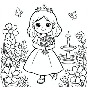 A cute 7-year-old princess girl with round friendly face, big expressive eyes, small nose, gentle smile, medium-length wavy hair with a simple crown. She is walking in a magical garden filled with large simple flowers, butterflies, and a small fountain. She is holding a flower bouquet.
Style Rules (applied to every page):
Bold thick outlines
Simple background (no clutter)
One main character per page
Cute, happy, friendly expressions
Easy shapes for kids to color