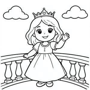 A cute 7-year-old princess girl with round friendly face, big expressive eyes, small nose, gentle smile, medium-length wavy hair with a simple crown. She is standing on a castle balcony waving happily. Behind her is a simple sky with clouds and birds.
Style Rules (applied to every page):
Bold thick outlines
Simple background (no clutter)
One main character per page
Cute, happy, friendly expressions
Easy shapes for kids to color