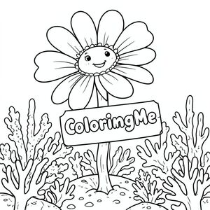 A profile view of a friendly flower, holding a sign with "ColoringMe" written in white bubble letters, in profile, in a underwater coral reef kingdom, surrealist style