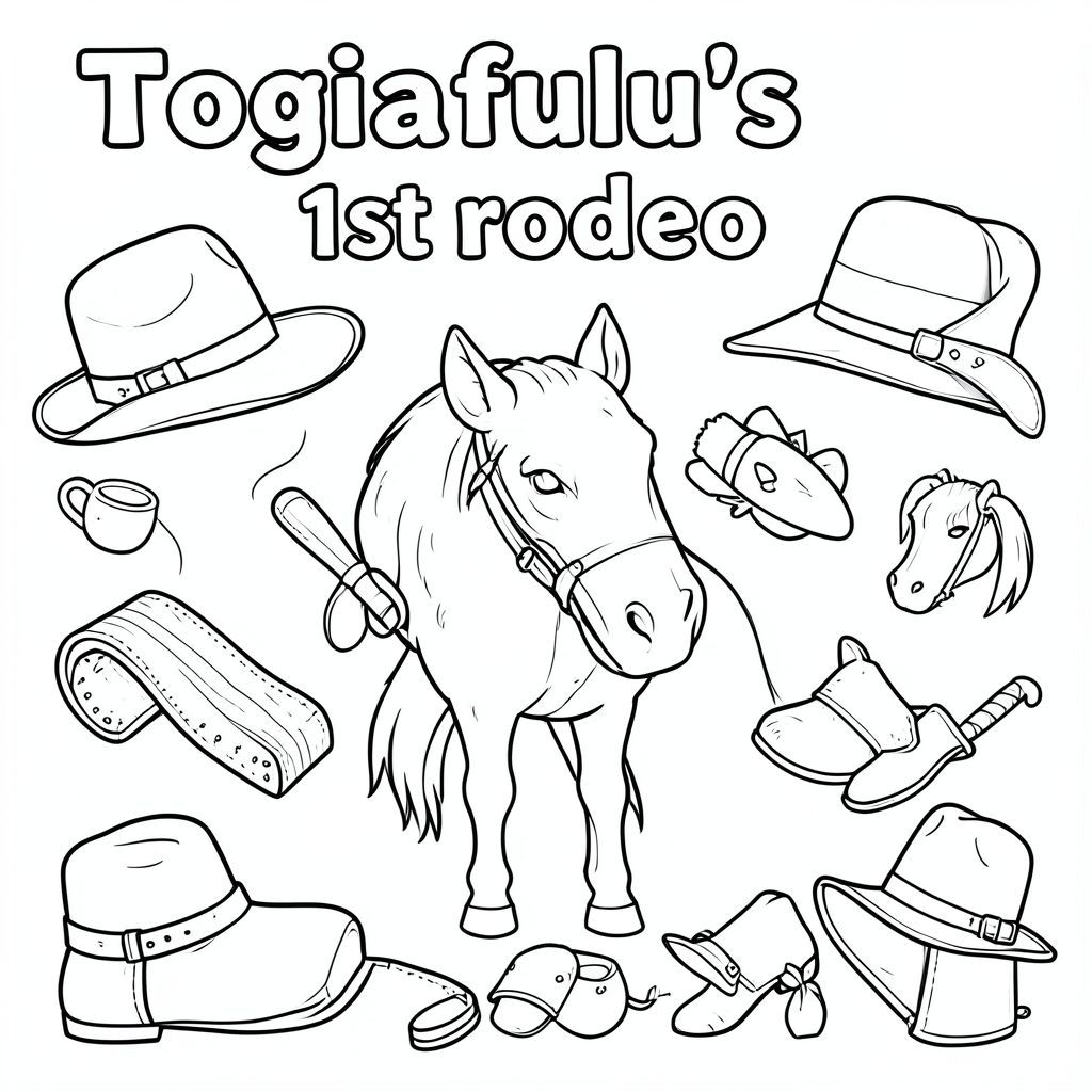 Phông chữ phương Tây. "Cuộc đua ngựa thứ nhất của Togiafulu" ở trên cùng. Các vật phẩm phương Tây để tô màu để lấp đầy trang