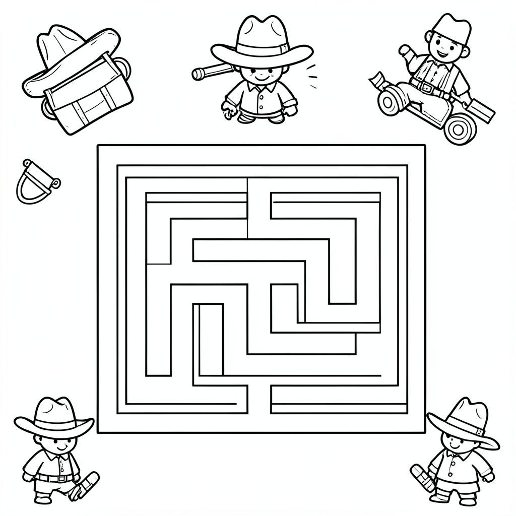 trò chơi mê cung đơn giản. Với Mê cung ở giữa ở trên cùng. Một số mặt hàng cao bồi. 