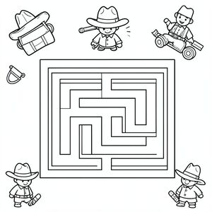 trò chơi mê cung đơn giản. Với Mê cung ở giữa ở trên cùng. Một số mặt hàng cao bồi. 