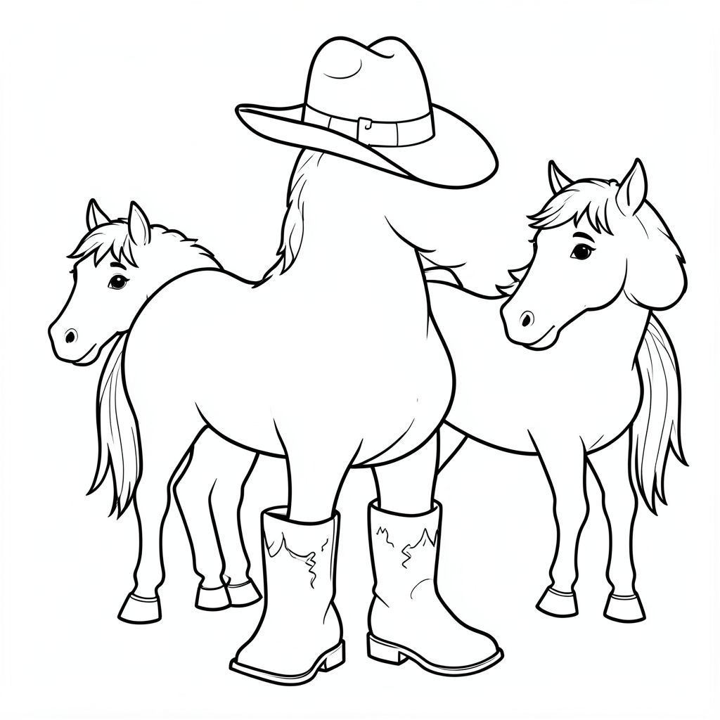 western cowboy hat boots horses simple kids colouring page