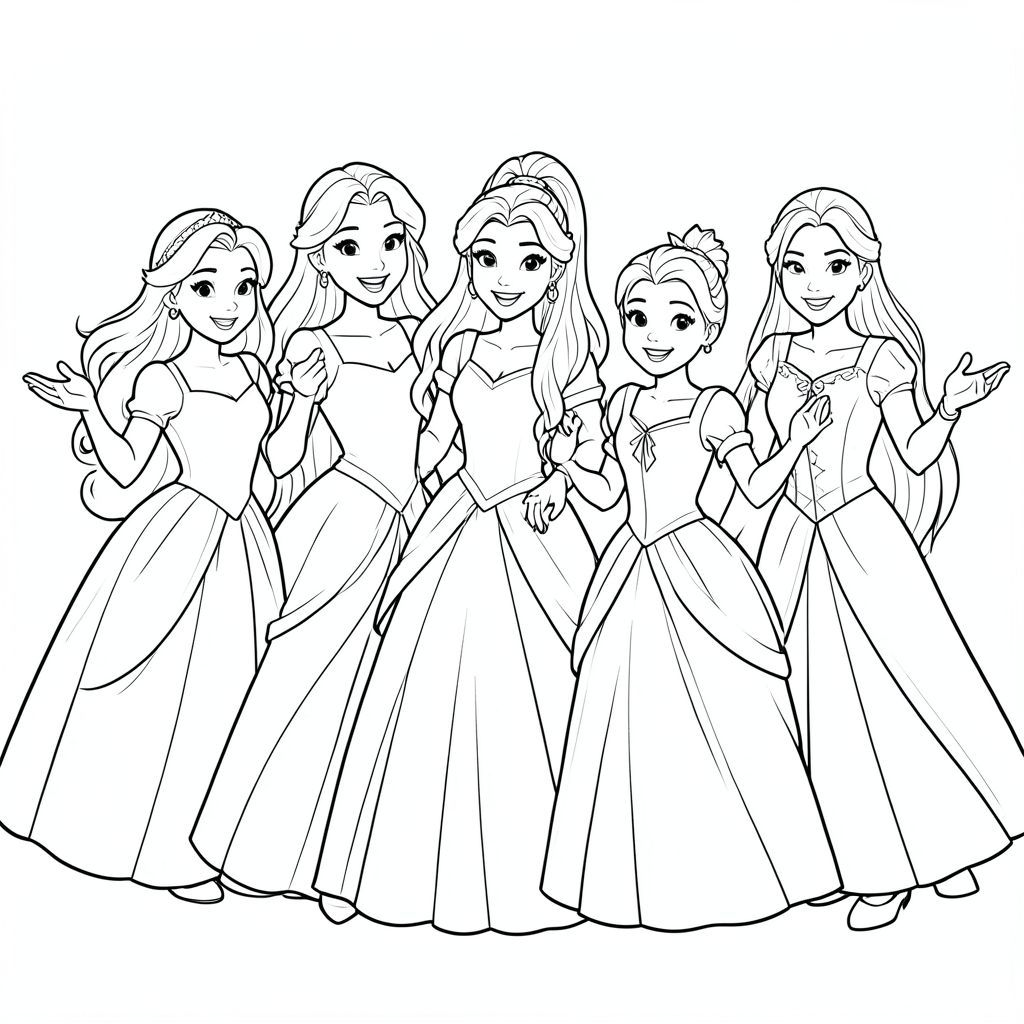 a beutiful portrait of the disney princesses, belle, aurora, rapunzel, tiana, cinderella, ariel, anna and elsa. all together having fun! them as adults not children styled
