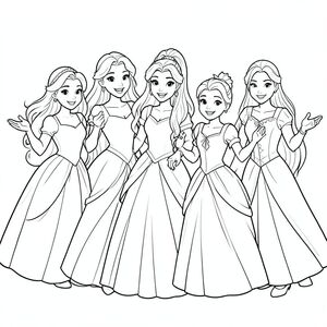 a beutiful portrait of the disney princesses, belle, aurora, rapunzel, tiana, cinderella, ariel, anna and elsa. all together having fun! them as adults not children styled
