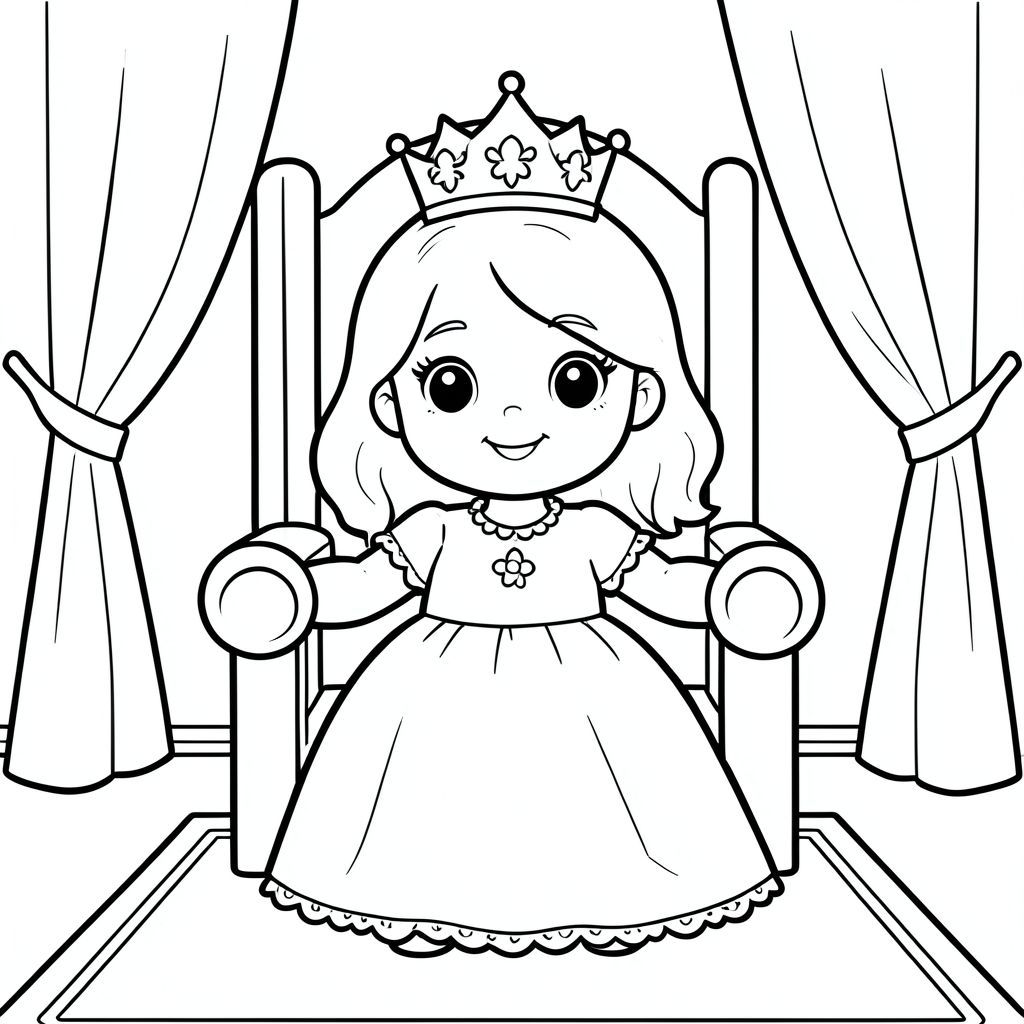 A cute 7-year-old princess girl with round friendly face, big expressive eyes, small nose, gentle smile, medium-length wavy hair with a simple crown. She is being gently crowned in a simple throne room with curtains and carpet.
Style Rules (applied to every page):
Bold thick outlines
Simple background (no clutter)
One main character per page
Cute, happy, friendly expressions
Easy shapes for kids to color