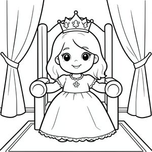 A cute 7-year-old princess girl with round friendly face, big expressive eyes, small nose, gentle smile, medium-length wavy hair with a simple crown. She is being gently crowned in a simple throne room with curtains and carpet.
Style Rules (applied to every page):
Bold thick outlines
Simple background (no clutter)
One main character per page
Cute, happy, friendly expressions
Easy shapes for kids to color