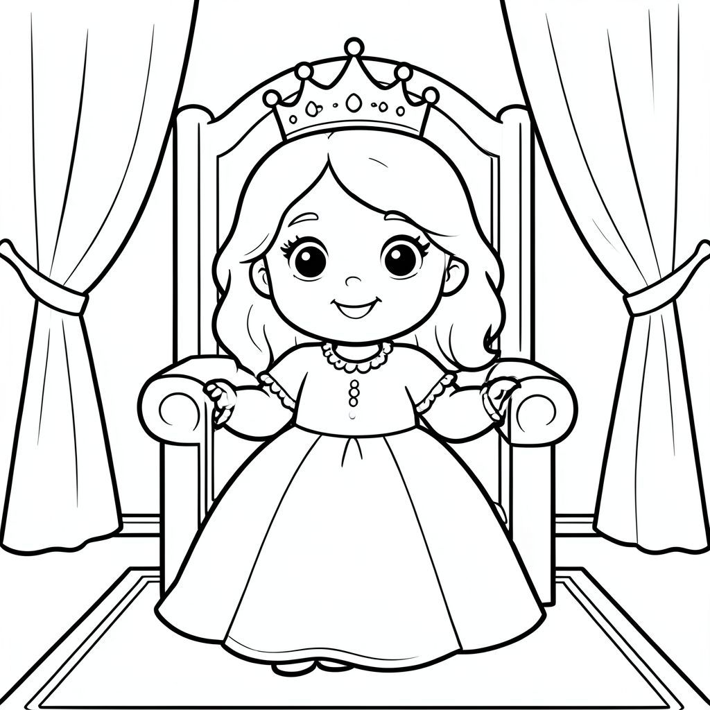Cô bé công chúa 7 tuổi dễ thương với gương mặt tròn thân thiện, đôi mắt to biểu cảm, mũi nhỏ, nụ cười dịu dàng, mái tóc gợn sóng dài vừa phải với chiếc vương miện đơn giản. Cô ấy đang được đăng quang nhẹ nhàng trong một căn phòng ngai vàng đơn giản với rèm cửa và thảm. Cả hai tay phải rõ ràng và có thể nhìn thấy được.
Quy tắc kiểu (áp dụng cho mọi trang):
Đường viền dày đậm
Nền đơn giản (không lộn xộn)
Một nhân vật chính mỗi trang
Biểu cảm dễ thương, vui vẻ, thân thiện
Hình dạng dễ dàng cho trẻ em tô màu