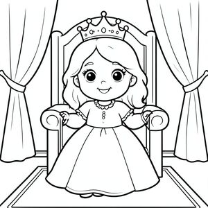 Cô bé công chúa 7 tuổi dễ thương với gương mặt tròn thân thiện, đôi mắt to biểu cảm, mũi nhỏ, nụ cười dịu dàng, mái tóc gợn sóng dài vừa phải với chiếc vương miện đơn giản. Cô ấy đang được đăng quang nhẹ nhàng trong một căn phòng ngai vàng đơn giản với rèm cửa và thảm. Cả hai tay phải rõ ràng và có thể nhìn thấy được.
Quy tắc kiểu (áp dụng cho mọi trang):
Đường viền dày đậm
Nền đơn giản (không lộn xộn)
Một nhân vật chính mỗi trang
Biểu cảm dễ thương, vui vẻ, thân thiện
Hình dạng dễ dàng cho trẻ em tô màu