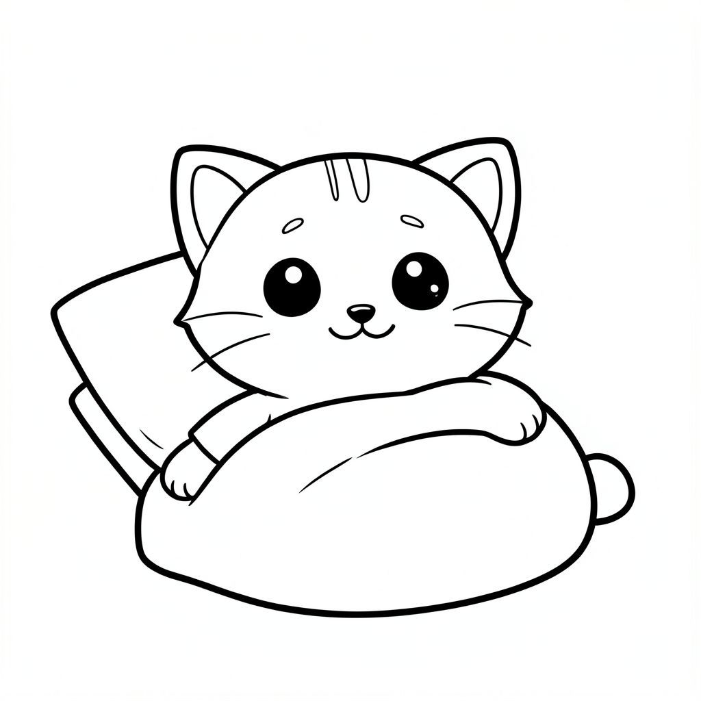 "Mèo con thức dậy trên giường, vươn mình vui vẻ".
Nhân vật mèo con Kawaii, đầu tròn rất to, thân nhỏ xíu, chân ngắn, bàn chân nhỏ, tư thế dễ thương đơn giản, mắt to tròn, mũi đen nhỏ, nụ cười dễ thương, má mũm mĩm, 3 đường nhỏ trên trán, râu đơn giản, tai tròn nhỏ với chi tiết bên trong, hình tròn mềm mại, không có cạnh sắc, thiết kế thân thiện với trẻ em từ 3 đến 6 tuổi, đường viền sạch sẽ dày đậm,  Nghệ thuật đường nét đen trắng, không màu, không đổ bóng, không thang độ xám, không lộn xộn nền, nền đơn giản tối thiểu, không gian mở rộng để tô màu, bố cục căn giữa, thiết kế ký tự nhất quán trên mọi trang, phong cách sách tô màu, độ phân giải cao, đường giống như vector rõ ràng --ar 2: 3