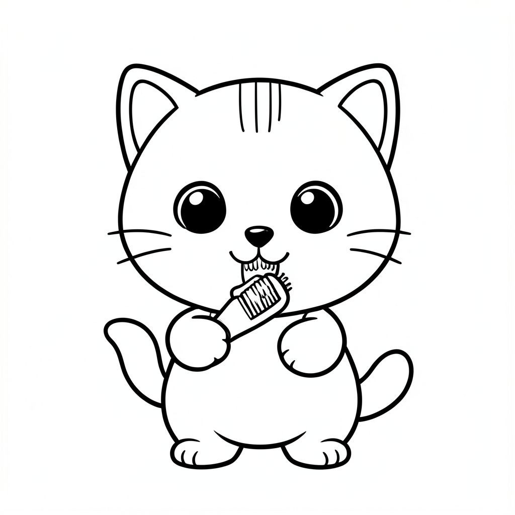 Mèo con đánh răng bằng bàn chải đánh răng
Nhân vật mèo con Kawaii, đầu tròn rất to, thân nhỏ xíu, chân ngắn, bàn chân nhỏ, tư thế dễ thương đơn giản, mắt to tròn, mũi đen nhỏ, nụ cười dễ thương, má mũm mĩm, 3 đường nhỏ trên trán, râu đơn giản, tai tròn nhỏ với chi tiết bên trong, hình tròn mềm mại, không có cạnh sắc, thiết kế thân thiện với trẻ em từ 3 đến 6 tuổi, đường viền sạch sẽ dày đậm,  Nghệ thuật đường nét đen trắng, không màu, không đổ bóng, không thang độ xám, không lộn xộn nền, nền đơn giản tối thiểu, không gian mở rộng để tô màu, bố cục căn giữa, thiết kế ký tự nhất quán trên mọi trang, phong cách sách tô màu, độ phân giải cao, đường giống như vector rõ ràng --ar 2: 3