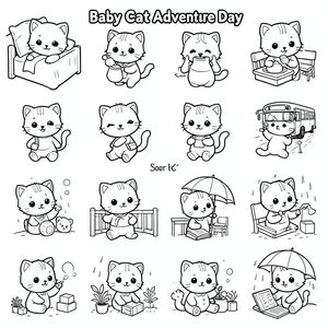 Bạn là một họa sĩ minh họa sách tô màu trẻ em chuyên nghiệp.

Tạo một bộ đầy đủ gồm 40 trang sách tô màu riêng biệt (mỗi trang dưới dạng một tệp hình ảnh riêng biệt).

TÊN SÁCH: "Baby Cat Adventure Day"

NHÂN VẬT CHÍNH (PHẢI GIỐNG HỆT NHAU TRONG TẤT CẢ 40 TRANG):
Mèo con Kawaii, đầu tròn rất to, thân hình nhỏ xíu, chân ngắn, bàn chân tròn nhỏ, mắt to tròn, mũi đen xíu, khuôn mặt cười dễ thương, má mũm mĩm, 3 đường nhỏ trên trán, râu đơn giản, tai nhỏ với chi tiết bên trong, hình tròn mềm mại, không có cạnh sắc, chi tiết tối thiểu, tỷ lệ thân thiện với trẻ em, thiết kế nhất quán trong mọi hình ảnh.

YÊU CẦU VỀ PHONG CÁCH (RẤT QUAN TRỌNG):
- CHỈ nghệ thuật đường nét đen trắng
- Đường viền dày đậm
- Không màu, không thang độ xám, không đổ bóng
- Không lộn xộn nền
- Hình dạng rất đơn giản và sạch sẽ
- Không gian mở rộng rãi để tô màu dễ dàng
- Không có kết cấu, không có gạch chéo
- Các yếu tố tối thiểu trên mỗi trang
- Bố cục căn giữa
- Thiết kế nhân vật giống nhau trong tất cả các trang
- Nền trắng
- Độ phân giải cao
- Tỷ lệ khung hình 2:3 (--ar 2:3)

QUY TẮC ĐẦU RA:
- Tạo 40 hình ảnh KHÁC NHAU
- Mỗi hình ảnh = MỘT hoạt động
- Giữ cho nhân vật nhất quán trên tất cả các hình ảnh
- Mỗi trang phải hiển thị MỘT hoạt động rõ ràng

HOẠT ĐỘNG (TẠO MỘT HÌNH ẢNH CHO MỖI HOẠT ĐỘNG):

1. Mèo con thức dậy trên giường  
2. Mèo con đánh răng  
3. Mèo con rửa mặt  
4. Mèo con ăn sáng  
5. Mèo con uống sữa  
6. Mèo con đeo cặp đi học  
7. Mèo con đi dạo đến trường  
8. Mèo con đi xe buýt trường học  
9. Mèo con ngồi trong lớp học  
10. Mèo con viết trong sổ tay  
11. Vẽ mèo con trên giấy  
12. Mèo con đọc sách  
13. Mèo con chơi với bóng  
14. Mèo con thả diều  
15. Mèo con chơi với các khối đồ chơi  
16. Mèo con chơi với gấu bông  
17. Mèo con thổi bong bóng xà phòng  
18. Mèo con tưới cây  
19. Mèo con chơi đùa dưới mưa với ô  
20. Mèo con nhảy trong vũng nước  
21. Mèo con ăn trưa  
22. Mèo con chia sẻ thức ăn với bạn bè  
23. Mèo con đi xe đạp  
24. Mèo con trượt trên cầu trượt sân chơi  
25. Mèo con đu dây trên xích đu  
26. Lâu đài cát xây dựng mèo con  
27. Mèo con hái hoa  
28. Mèo con ngắm bướm  
29. Cho mèo con ăn chim  
30. Mèo con giúp dọn phòng  
31. Gấp quần áo mèo con  
32. Mèo con đang tắm  
33. Lau khô mèo con bằng khăn  
34. Mèo con mặc đồ ngủ  
35. Mèo con nghe kể chuyện trước khi đi ngủ  
36. Gối ôm mèo con  
37. Mèo con nhìn mặt trăng  
38. Ngắm sao mèo con  
39. Mèo con nói chúc ngủ ngon  
40. Mèo con ngủ yên  

HƯỚNG DẪN CUỐI CÙNG:
Đảm bảo mỗi hình ảnh đều đơn giản, dễ thương và hoàn toàn phù hợp với trẻ từ 3 đến 6 tuổi. Duy trì tính nhất quán chính xác của ký tự trong mọi trang.