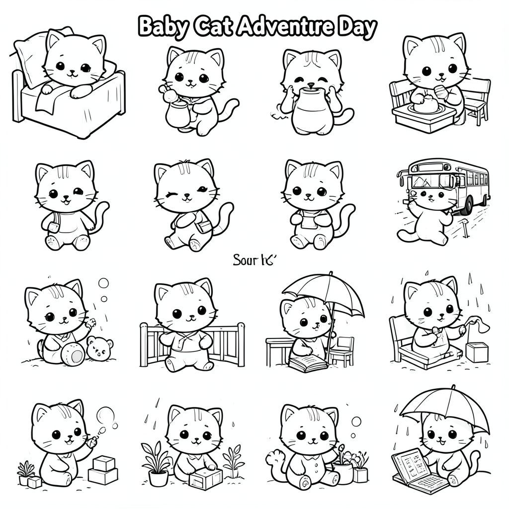 Bạn là một họa sĩ minh họa sách tô màu trẻ em chuyên nghiệp.

Tạo một bộ đầy đủ gồm 40 trang sách tô màu riêng biệt (mỗi trang dưới dạng một tệp hình ảnh riêng biệt).

TÊN SÁCH: "Baby Cat Adventure Day"

NHÂN VẬT CHÍNH (PHẢI GIỐNG HỆT NHAU TRONG TẤT CẢ 40 TRANG):
Mèo con Kawaii, đầu tròn rất to, thân hình nhỏ xíu, chân ngắn, bàn chân tròn nhỏ, mắt to tròn, mũi đen xíu, khuôn mặt cười dễ thương, má mũm mĩm, 3 đường nhỏ trên trán, râu đơn giản, tai nhỏ với chi tiết bên trong, hình tròn mềm mại, không có cạnh sắc, chi tiết tối thiểu, tỷ lệ thân thiện với trẻ em, thiết kế nhất quán trong mọi hình ảnh.

YÊU CẦU VỀ PHONG CÁCH (RẤT QUAN TRỌNG):
- CHỈ nghệ thuật đường nét đen trắng
- Đường viền dày đậm
- Không màu, không thang độ xám, không đổ bóng
- Không lộn xộn nền
- Hình dạng rất đơn giản và sạch sẽ
- Không gian mở rộng rãi để tô màu dễ dàng
- Không có kết cấu, không có gạch chéo
- Các yếu tố tối thiểu trên mỗi trang
- Bố cục căn giữa
- Thiết kế nhân vật giống nhau trong tất cả các trang
- Nền trắng
- Độ phân giải cao
- Tỷ lệ khung hình 2:3 (--ar 2:3)

QUY TẮC ĐẦU RA:
- Tạo 40 hình ảnh KHÁC NHAU
- Mỗi hình ảnh = MỘT hoạt động
- Giữ cho nhân vật nhất quán trên tất cả các hình ảnh
- Mỗi trang phải hiển thị MỘT hoạt động rõ ràng

HOẠT ĐỘNG (TẠO MỘT HÌNH ẢNH CHO MỖI HOẠT ĐỘNG):

1. Mèo con thức dậy trên giường  
2. Mèo con đánh răng  
3. Mèo con rửa mặt  
4. Mèo con ăn sáng  
5. Mèo con uống sữa  
6. Mèo con đeo cặp đi học  
7. Mèo con đi dạo đến trường  
8. Mèo con đi xe buýt trường học  
9. Mèo con ngồi trong lớp học  
10. Mèo con viết trong sổ tay  
11. Vẽ mèo con trên giấy  
12. Mèo con đọc sách  
13. Mèo con chơi với bóng  
14. Mèo con thả diều  
15. Mèo con chơi với các khối đồ chơi  
16. Mèo con chơi với gấu bông  
17. Mèo con thổi bong bóng xà phòng  
18. Mèo con tưới cây  
19. Mèo con chơi đùa dưới mưa với ô  
20. Mèo con nhảy trong vũng nước  
21. Mèo con ăn trưa  
22. Mèo con chia sẻ thức ăn với bạn bè  
23. Mèo con đi xe đạp  
24. Mèo con trượt trên cầu trượt sân chơi  
25. Mèo con đu dây trên xích đu  
26. Lâu đài cát xây dựng mèo con  
27. Mèo con hái hoa  
28. Mèo con ngắm bướm  
29. Cho mèo con ăn chim  
30. Mèo con giúp dọn phòng  
31. Gấp quần áo mèo con  
32. Mèo con đang tắm  
33. Lau khô mèo con bằng khăn  
34. Mèo con mặc đồ ngủ  
35. Mèo con nghe kể chuyện trước khi đi ngủ  
36. Gối ôm mèo con  
37. Mèo con nhìn mặt trăng  
38. Ngắm sao mèo con  
39. Mèo con nói chúc ngủ ngon  
40. Mèo con ngủ yên  

HƯỚNG DẪN CUỐI CÙNG:
Đảm bảo mỗi hình ảnh đều đơn giản, dễ thương và hoàn toàn phù hợp với trẻ từ 3 đến 6 tuổi. Duy trì tính nhất quán chính xác của ký tự trong mọi trang.