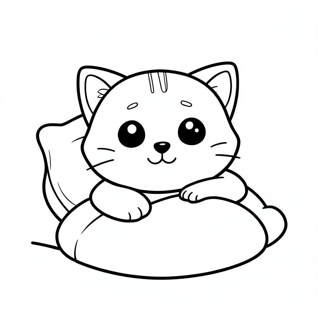 Mèo con thức dậy trên giường.
NHÂN VẬT CHÍNH (PHẢI GIỐNG HỆT NHAU TRONG TẤT CẢ 40 TRANG):
Mèo con Kawaii, đầu tròn rất to, thân hình nhỏ xíu, chân ngắn, bàn chân tròn nhỏ, mắt to tròn, mũi đen xíu, khuôn mặt cười dễ thương, má mũm mĩm, 3 đường nhỏ trên trán, râu đơn giản, tai nhỏ với chi tiết bên trong, hình tròn mềm mại, không có cạnh sắc, chi tiết tối thiểu, tỷ lệ thân thiện với trẻ em, thiết kế nhất quán trong mọi hình ảnh.

YÊU CẦU VỀ PHONG CÁCH (RẤT QUAN TRỌNG):
- CHỈ nghệ thuật đường nét đen trắng
- Đường viền dày đậm
- Không màu, không thang độ xám, không đổ bóng
- Không lộn xộn nền
- Hình dạng rất đơn giản và sạch sẽ
- Không gian mở rộng rãi để tô màu dễ dàng
- Không có kết cấu, không có gạch chéo
- Các yếu tố tối thiểu trên mỗi trang
- Bố cục căn giữa
- Thiết kế nhân vật giống nhau trong tất cả các trang
- Nền trắng
- Độ phân giải cao
- Tỷ lệ khung hình 2:3 (--ar 2:3)