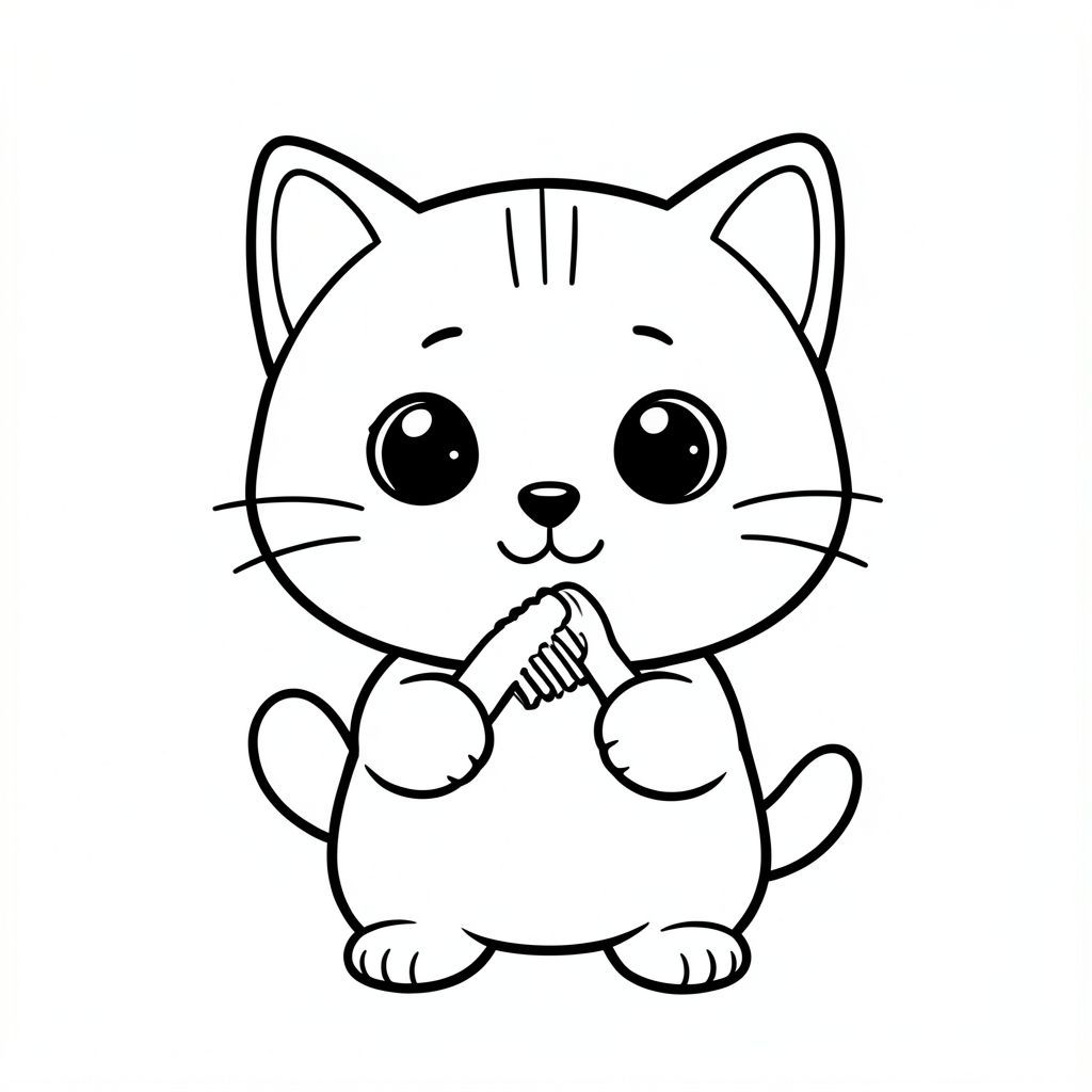 Mèo con đánh răng.
Mèo con Kawaii, đầu tròn rất to, thân hình nhỏ xíu, chân ngắn, bàn chân tròn nhỏ, mắt to tròn, mũi đen xíu, khuôn mặt cười dễ thương, má mũm mĩm, 3 đường nhỏ trên trán, râu đơn giản, tai nhỏ với chi tiết bên trong, hình tròn mềm mại, không có cạnh sắc, chi tiết tối thiểu, tỷ lệ thân thiện với trẻ em, thiết kế nhất quán trong mọi hình ảnh. YÊU CẦU KIỂU DÁNG (RẤT QUAN TRỌNG): - CHỈ NGHỆ THUẬT ĐƯỜNG NÉT ĐEN TRẮNG - Đường viền dày đậm - Không màu, không thang độ xám, không đổ bóng - Không lộn xộn nền - Hình dạng rất đơn giản và sạch sẽ - Không gian mở rộng để tô màu dễ dàng - Không có kết cấu, không gạch chéo - Các yếu tố tối thiểu trên mỗi trang - Bố cục căn giữa - Thiết kế ký tự giống nhau trong tất cả các trang - Nền trắng - Độ phân giải cao - Tỷ lệ khung hình 2: 3 (--ar 2: 3)