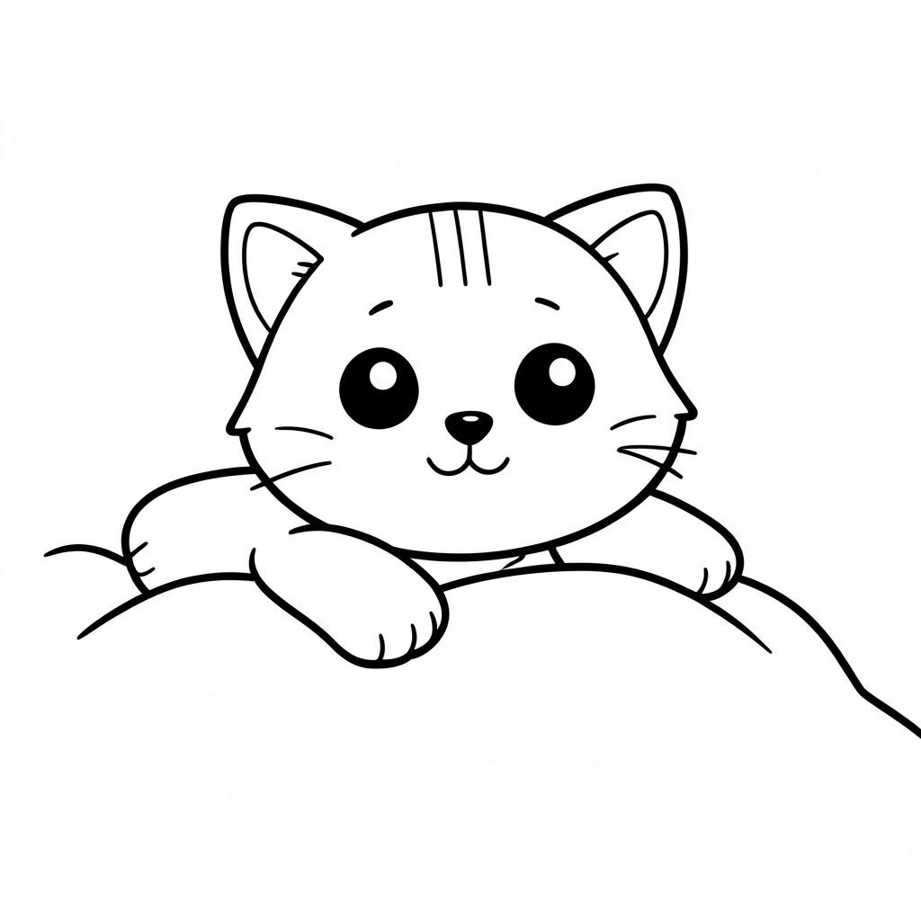 Mèo con thức dậy và duỗi người trên giường.
"Mèo con Kawaii, đầu tròn rất to, thân hình nhỏ xíu, chân ngắn, bàn chân tròn nhỏ, mắt tròn to đơn giản, mũi đen xíu, khuôn mặt cười dễ thương, má mũm mĩm, 3 đường nhỏ trên trán, râu đơn giản, tai tròn nhỏ với chi tiết bên trong, hình tròn mềm mại, đường viền dày đậm sạch sẽ, chỉ đen trắng, không màu, không bóng, không thang độ xám,  Chi tiết đơn giản tối thiểu, nhiều không gian trống để tô màu, thân thiện với trẻ em, 3-6 tuổi, bố cục đơn giản, ký tự ở giữa, nền trắng trơn, thiết kế nhân vật nhất quán, cùng khuôn mặt và tỷ lệ, trang sách tô màu, đường dày, dễ tô màu - độ phân giải cao AR 2: 3 "