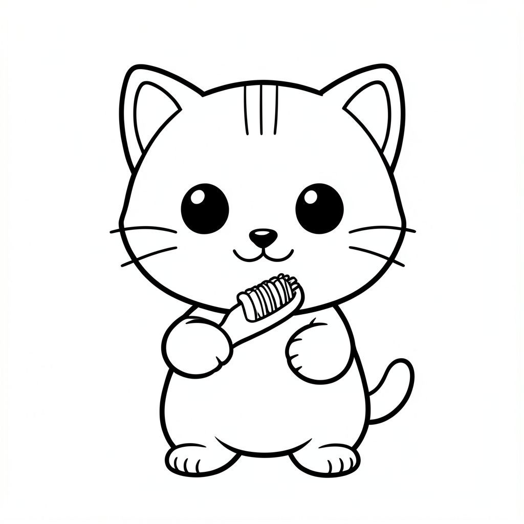 Mèo con đánh răng bằng bàn chải đánh răng.
"Mèo con Kawaii, đầu tròn rất to, thân hình nhỏ xíu, chân ngắn, bàn chân tròn nhỏ, mắt tròn to đơn giản, mũi đen xíu, khuôn mặt cười dễ thương, má mũm mĩm, 3 đường nhỏ trên trán, râu đơn giản, tai tròn nhỏ với chi tiết bên trong, hình tròn mềm mại, đường viền dày đậm sạch sẽ, chỉ đen trắng, không màu, không bóng, không thang độ xám,  Chi tiết đơn giản tối thiểu, nhiều không gian trống để tô màu, thân thiện với trẻ em, 3-6 tuổi, bố cục đơn giản, ký tự ở giữa, nền trắng trơn, thiết kế nhân vật nhất quán, cùng khuôn mặt và tỷ lệ, trang sách tô màu, đường dày, dễ tô màu - độ phân giải cao AR 2: 3 "