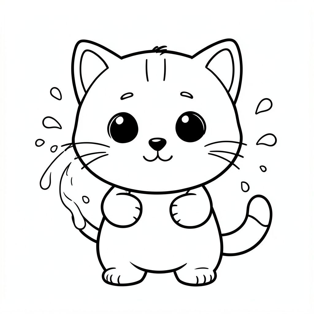 Mèo con rửa mặt bằng nước bắn vào.
"Mèo con Kawaii, đầu tròn rất to, thân hình nhỏ xíu, chân ngắn, bàn chân tròn nhỏ, mắt tròn to đơn giản, mũi đen xíu, khuôn mặt cười dễ thương, má mũm mĩm, 3 đường nhỏ trên trán, râu đơn giản, tai tròn nhỏ với chi tiết bên trong, hình tròn mềm mại, đường viền dày đậm sạch sẽ, chỉ đen trắng, không màu, không bóng, không thang độ xám,  Chi tiết đơn giản tối thiểu, nhiều không gian trống để tô màu, thân thiện với trẻ em, 3-6 tuổi, bố cục đơn giản, ký tự ở giữa, nền trắng trơn, thiết kế nhân vật nhất quán, cùng khuôn mặt và tỷ lệ, trang sách tô màu, đường dày, dễ tô màu - độ phân giải cao AR 2: 3 "