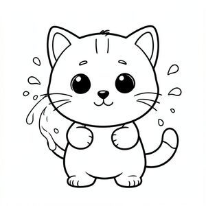 Mèo con rửa mặt bằng nước bắn vào.
"Mèo con Kawaii, đầu tròn rất to, thân hình nhỏ xíu, chân ngắn, bàn chân tròn nhỏ, mắt tròn to đơn giản, mũi đen xíu, khuôn mặt cười dễ thương, má mũm mĩm, 3 đường nhỏ trên trán, râu đơn giản, tai tròn nhỏ với chi tiết bên trong, hình tròn mềm mại, đường viền dày đậm sạch sẽ, chỉ đen trắng, không màu, không bóng, không thang độ xám,  Chi tiết đơn giản tối thiểu, nhiều không gian trống để tô màu, thân thiện với trẻ em, 3-6 tuổi, bố cục đơn giản, ký tự ở giữa, nền trắng trơn, thiết kế nhân vật nhất quán, cùng khuôn mặt và tỷ lệ, trang sách tô màu, đường dày, dễ tô màu - độ phân giải cao AR 2: 3 "