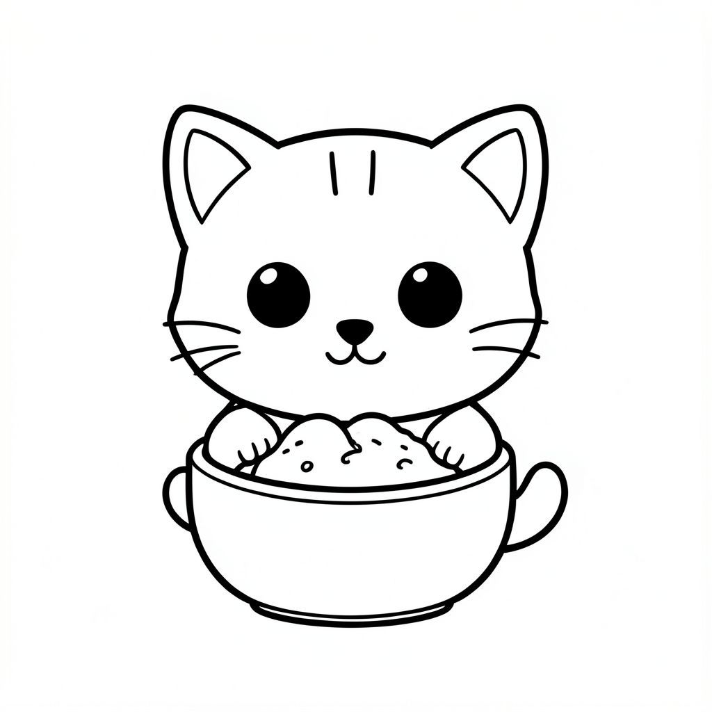 Mèo con ăn sáng từ bát. 
"Mèo con Kawaii, đầu tròn rất to, thân nhỏ xíu, chân ngắn, bàn chân tròn nhỏ, mắt tròn to đơn giản, mũi đen nhỏ, khuôn mặt cười dễ thương, má mũm mĩm, 3 đường nhỏ trên trán, râu đơn giản, tai tròn nhỏ với chi tiết bên trong, hình tròn mềm mại, đường viền dày đậm sạch sẽ, chỉ đen trắng, không màu, không đổ bóng, không thang độ xám, chi tiết đơn giản tối thiểu, nhiều không gian trống để tô màu, thân thiện với trẻ em, 3-6 tuổi, bố cục đơn giản, nhân vật ở giữa, nền trắng trơn, thiết kế nhân vật nhất quán, khuôn mặt và tỷ lệ giống nhau, trang sách tô màu, đường dày, dễ tô màu - độ phân giải cao ar 2: 3"