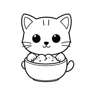 Mèo con ăn sáng từ bát. 
"Mèo con Kawaii, đầu tròn rất to, thân nhỏ xíu, chân ngắn, bàn chân tròn nhỏ, mắt tròn to đơn giản, mũi đen nhỏ, khuôn mặt cười dễ thương, má mũm mĩm, 3 đường nhỏ trên trán, râu đơn giản, tai tròn nhỏ với chi tiết bên trong, hình tròn mềm mại, đường viền dày đậm sạch sẽ, chỉ đen trắng, không màu, không đổ bóng, không thang độ xám, chi tiết đơn giản tối thiểu, nhiều không gian trống để tô màu, thân thiện với trẻ em, 3-6 tuổi, bố cục đơn giản, nhân vật ở giữa, nền trắng trơn, thiết kế nhân vật nhất quán, khuôn mặt và tỷ lệ giống nhau, trang sách tô màu, đường dày, dễ tô màu - độ phân giải cao ar 2: 3"