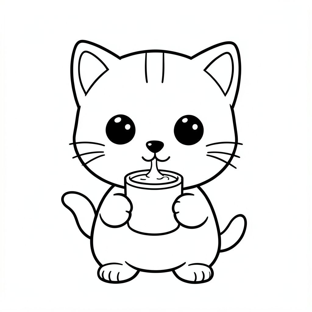 Mèo con uống sữa từ cốc. 
"Mèo con Kawaii, đầu tròn rất to, thân nhỏ xíu, chân ngắn, bàn chân tròn nhỏ, mắt tròn to đơn giản, mũi đen nhỏ, khuôn mặt cười dễ thương, má mũm mĩm, 3 đường nhỏ trên trán, râu đơn giản, tai tròn nhỏ với chi tiết bên trong, hình tròn mềm mại, đường viền dày đậm sạch sẽ, chỉ đen trắng, không màu, không đổ bóng, không thang độ xám, chi tiết đơn giản tối thiểu, nhiều không gian trống để tô màu, thân thiện với trẻ em, 3-6 tuổi, bố cục đơn giản, nhân vật ở giữa, nền trắng trơn, thiết kế nhân vật nhất quán, khuôn mặt và tỷ lệ giống nhau, trang sách tô màu, đường dày, dễ tô màu - độ phân giải cao ar 2: 3"