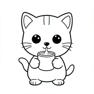 Mèo con uống sữa từ cốc. 
"Mèo con Kawaii, đầu tròn rất to, thân nhỏ xíu, chân ngắn, bàn chân tròn nhỏ, mắt tròn to đơn giản, mũi đen nhỏ, khuôn mặt cười dễ thương, má mũm mĩm, 3 đường nhỏ trên trán, râu đơn giản, tai tròn nhỏ với chi tiết bên trong, hình tròn mềm mại, đường viền dày đậm sạch sẽ, chỉ đen trắng, không màu, không đổ bóng, không thang độ xám, chi tiết đơn giản tối thiểu, nhiều không gian trống để tô màu, thân thiện với trẻ em, 3-6 tuổi, bố cục đơn giản, nhân vật ở giữa, nền trắng trơn, thiết kế nhân vật nhất quán, khuôn mặt và tỷ lệ giống nhau, trang sách tô màu, đường dày, dễ tô màu - độ phân giải cao ar 2: 3"