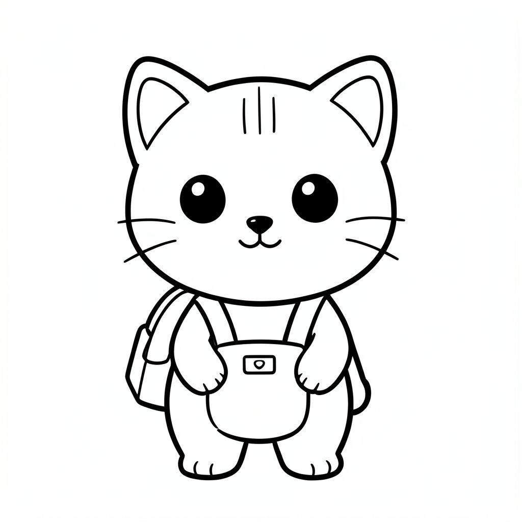 Mèo con đeo cặp đi học.
"Mèo con Kawaii, đầu tròn rất to, thân hình nhỏ xíu, chân ngắn, bàn chân tròn nhỏ, mắt tròn to đơn giản, mũi đen xíu, khuôn mặt cười dễ thương, má mũm mĩm, 3 đường nhỏ trên trán, râu đơn giản, tai tròn nhỏ với chi tiết bên trong, hình tròn mềm mại, đường viền dày đậm sạch sẽ, chỉ đen trắng, không màu, không bóng, không thang độ xám,  Chi tiết đơn giản tối thiểu, nhiều không gian trống để tô màu, thân thiện với trẻ em, 3-6 tuổi, bố cục đơn giản, ký tự ở giữa, nền trắng trơn, thiết kế nhân vật nhất quán, cùng khuôn mặt và tỷ lệ, trang sách tô màu, đường dày, dễ tô màu - độ phân giải cao AR 2: 3 "