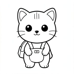 Mèo con đeo cặp đi học.
"Mèo con Kawaii, đầu tròn rất to, thân hình nhỏ xíu, chân ngắn, bàn chân tròn nhỏ, mắt tròn to đơn giản, mũi đen xíu, khuôn mặt cười dễ thương, má mũm mĩm, 3 đường nhỏ trên trán, râu đơn giản, tai tròn nhỏ với chi tiết bên trong, hình tròn mềm mại, đường viền dày đậm sạch sẽ, chỉ đen trắng, không màu, không bóng, không thang độ xám,  Chi tiết đơn giản tối thiểu, nhiều không gian trống để tô màu, thân thiện với trẻ em, 3-6 tuổi, bố cục đơn giản, ký tự ở giữa, nền trắng trơn, thiết kế nhân vật nhất quán, cùng khuôn mặt và tỷ lệ, trang sách tô màu, đường dày, dễ tô màu - độ phân giải cao AR 2: 3 "