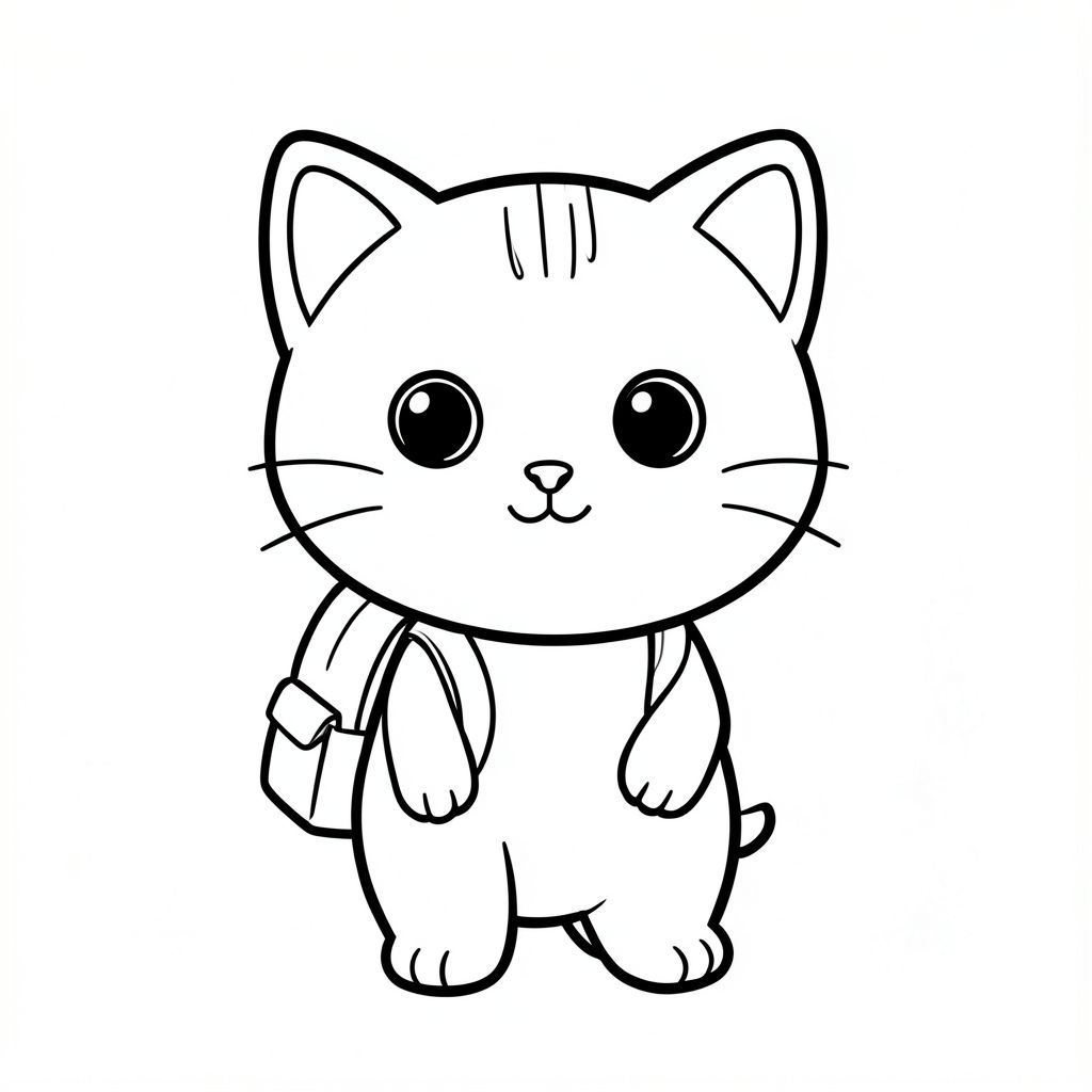 Mèo con đeo cặp đi học trên lưng.
"Mèo con Kawaii, đầu tròn rất to, thân hình nhỏ xíu, chân ngắn, bàn chân tròn nhỏ, mắt tròn to đơn giản, mũi đen xíu, khuôn mặt cười dễ thương, má mũm mĩm, 3 đường nhỏ trên trán, râu đơn giản, tai tròn nhỏ với chi tiết bên trong, hình tròn mềm mại, đường viền dày đậm sạch sẽ, chỉ đen trắng, không màu, không bóng, không thang độ xám,  Chi tiết đơn giản tối thiểu, nhiều không gian trống để tô màu, thân thiện với trẻ em, 3-6 tuổi, bố cục đơn giản, ký tự ở giữa, nền trắng trơn, thiết kế nhân vật nhất quán, cùng khuôn mặt và tỷ lệ, trang sách tô màu, đường dày, dễ tô màu - độ phân giải cao AR 2: 3 "