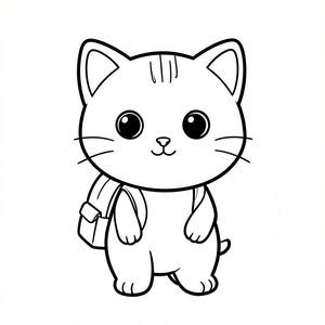 Mèo con đeo cặp đi học trên lưng.
"Mèo con Kawaii, đầu tròn rất to, thân hình nhỏ xíu, chân ngắn, bàn chân tròn nhỏ, mắt tròn to đơn giản, mũi đen xíu, khuôn mặt cười dễ thương, má mũm mĩm, 3 đường nhỏ trên trán, râu đơn giản, tai tròn nhỏ với chi tiết bên trong, hình tròn mềm mại, đường viền dày đậm sạch sẽ, chỉ đen trắng, không màu, không bóng, không thang độ xám,  Chi tiết đơn giản tối thiểu, nhiều không gian trống để tô màu, thân thiện với trẻ em, 3-6 tuổi, bố cục đơn giản, ký tự ở giữa, nền trắng trơn, thiết kế nhân vật nhất quán, cùng khuôn mặt và tỷ lệ, trang sách tô màu, đường dày, dễ tô màu - độ phân giải cao AR 2: 3 "