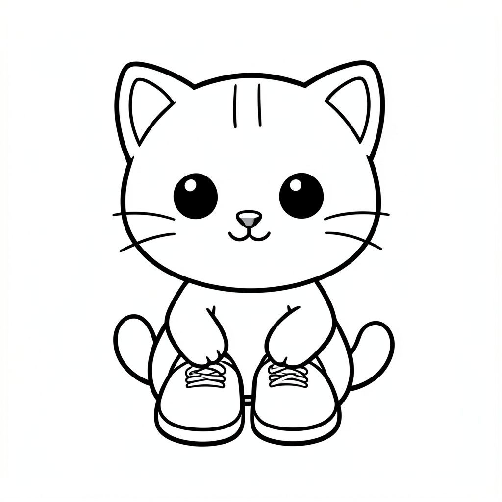 Mèo con đi giày.
"Mèo con Kawaii, đầu tròn rất to, thân hình nhỏ xíu, chân ngắn, bàn chân tròn nhỏ, mắt tròn to đơn giản, mũi đen xíu, khuôn mặt cười dễ thương, má mũm mĩm, 3 đường nhỏ trên trán, râu đơn giản, tai tròn nhỏ với chi tiết bên trong, hình tròn mềm mại, đường viền dày đậm sạch sẽ, chỉ đen trắng, không màu, không bóng, không thang độ xám,  Chi tiết đơn giản tối thiểu, nhiều không gian trống để tô màu, thân thiện với trẻ em, 3-6 tuổi, bố cục đơn giản, ký tự ở giữa, nền trắng trơn, thiết kế nhân vật nhất quán, cùng khuôn mặt và tỷ lệ, trang sách tô màu, đường dày, dễ tô màu - độ phân giải cao AR 2: 3 "