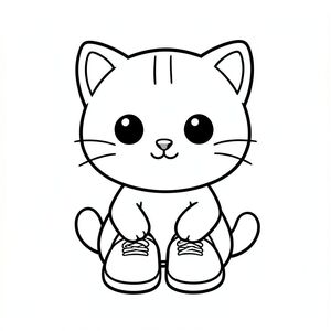 Mèo con đi giày.
"Mèo con Kawaii, đầu tròn rất to, thân hình nhỏ xíu, chân ngắn, bàn chân tròn nhỏ, mắt tròn to đơn giản, mũi đen xíu, khuôn mặt cười dễ thương, má mũm mĩm, 3 đường nhỏ trên trán, râu đơn giản, tai tròn nhỏ với chi tiết bên trong, hình tròn mềm mại, đường viền dày đậm sạch sẽ, chỉ đen trắng, không màu, không bóng, không thang độ xám,  Chi tiết đơn giản tối thiểu, nhiều không gian trống để tô màu, thân thiện với trẻ em, 3-6 tuổi, bố cục đơn giản, ký tự ở giữa, nền trắng trơn, thiết kế nhân vật nhất quán, cùng khuôn mặt và tỷ lệ, trang sách tô màu, đường dày, dễ tô màu - độ phân giải cao AR 2: 3 "